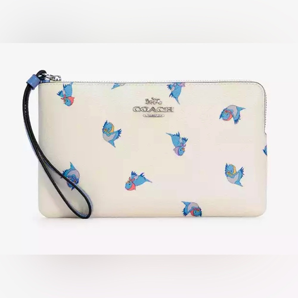 Disney X Coach Large Corner Zip Wristlet With Cinderella Flying Birds Print